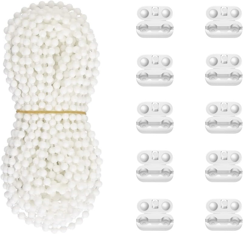 Antfly 10 Meters (32.8 Feet) Roller Blind Bead Chain Cord Roman Venetian Honeycomb Vertical Shade Blind Cord with 10 PCS Connectors for Roller Blind Replacement Parts White (Normal Version) - Image 1